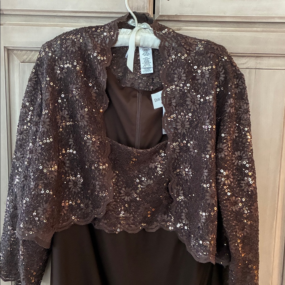 David's Bridal Brown Sequin Sleeveless Dress & jacket evening Mother of bride - Picture 2 of 9